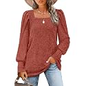 WIHOLL Long Sleeve Shirts for Women Trendy Casual Square Neck Tops Lightweight Sweaters