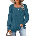 WIHOLL Long Sleeve Shirts for Women Trendy Casual Square Neck Tops Lightweight Sweaters