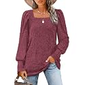 WIHOLL Long Sleeve Shirts for Women Trendy Casual Square Neck Tops Lightweight Sweaters