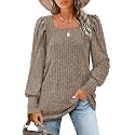 WIHOLL Long Sleeve Shirts for Women Trendy Casual Square Neck Tops Lightweight Sweaters