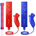 Wii Controller 2 Pack, Wii Remote Controller and Nunchuck Joystick with Silicone Case and Wrist Strap for Holiday (Red and Dark Blue)