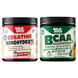 wild buck creatine monohydrate strength reduce fatigue 100 pure creatine lean muscle building supports muscle growth athletic performance recovery  muscle builder energy support supplement 50 servings green apple  wild buck bcaa powder with natural amp powerful herbs for muscle endurance muscle growth recovery amp hydration  pre intra amp post workout bcaas supplement for women amp men fruit punch 30 servings 300g