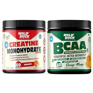 wild buck creatine monohydrate strength reduce fatigue 100 pure creatine lean muscle building supports muscle growth athletic performance recovery  muscle builder energy support supplement 50 servings orange  wild buck bcaa powder with natural amp powerful herbs for muscle endurance muscle growth recovery amp hydration  pre intra amp post workout bcaas supplement for women amp men orange mango 30 servings 300g