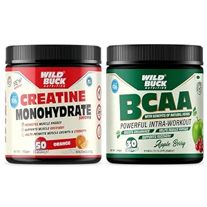wild buck creatine monohydrate strength reduce fatigue 100 pure creatine lean muscle building supports muscle growth athletic performance recovery  muscle builder energy support supplement 50 servings orange  wild buck bcaa powder with natural amp powerful herbs for muscle endurance muscle growth recovery amp hydration  pre intra amp post workout bcaas supplement for women amp men apple berry 30 servings 300g