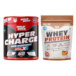 wild buck hyper charge pre-x4 hardcore pre-workout supplement powder with creatine monohydrate arginine aakg beta-alanine caffeinated punch -for men amp women 40 serv sour gummies  wild buck whey 100 whey protein - 24g protein isolate amp concentrate blend amp 543g bcaa strawberry mango 1 kg