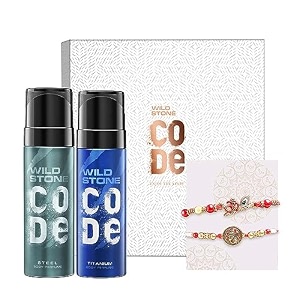 wild stone code steel amp titanium body perfume 150ml each with 2 designer rakhi  raksha bandhan gift set for men