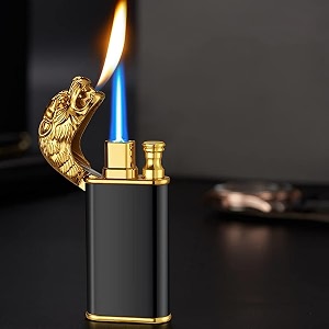 wild world lifestyle tiger head gold brushed black dual flame solid cigar cigarette amp candle refillable pocket gas lighter  metal body  windproof amp jet flame business black