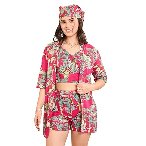 WineRed Cotton Woman Beige 3Pcs Coord Set