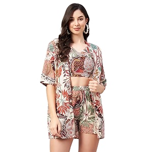 WineRed Cotton Woman Beige 3Pcs Coord Set