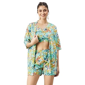 WineRed Woman 3pcs Kimono Shorts Set