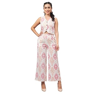 WineRed Woman Geometric Print Waistcoat Pant