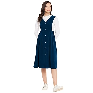 WineRed Women Soild Pinafore Dress with Button