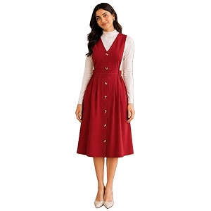WineRed Women Soild Pinafore Dress with Button
