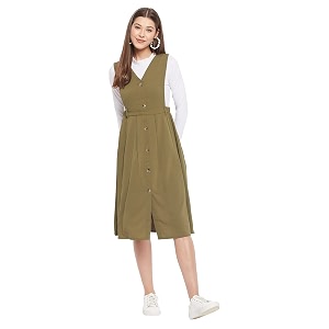 WineRed Women Soild Pinafore Dress with Button