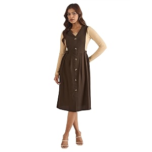WineRed Women Soild Pinafore Dress with Button