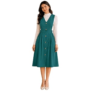 WineRed Women Soild Pinafore Dress with Button