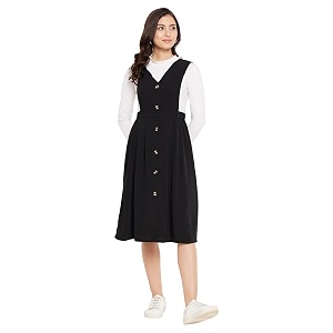 WineRed Women Soild Pinafore Dress with Button