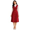 WineRed Women Soild Pinafore Dress with Button