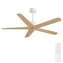 WINGBO 54 Inch Ceiling Fan without Lights, 5 Carved Solid Wood Blades, 7-Speed Noiseless Reversible DC Motor, Indoor Outdoor Ceiling Fan No Light for Bedroom Living Room Patio, White and Natural Wood
