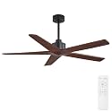 WINGBO 64 Inch Ceiling Fan without Lights, 5 Carved Solid Wood Blades, 7-Speed Noiseless Reversible DC Motor, Indoor Outdoor Ceiling Fan No Light for Bedroom Living Room Patio, Black and Walnut