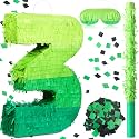 WinnerWhy Number 3 Piñata 16 Inch Green Birthday Piñata Stick Blindfold