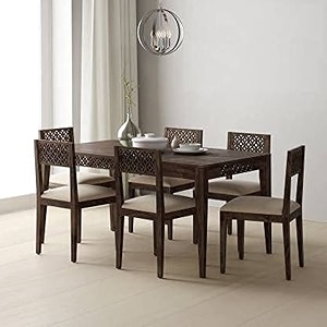 furniture solid sheesham wood 6 seater dining table set  wooden six seater dinning table with cushion chairs  solid wood dinner set furniture for home walnut finish  1 year warranty