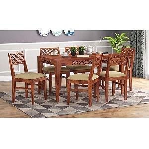 furniture solid sheesham wood 6 seater dining table set  wooden six seater dinning table with cushion chairs  solid wood dinner set furniture for home honey finish  1 year warranty