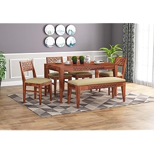 furniture solid sheesham wood 6 seater dining table set  wooden six seater dinning table with cushion chairs and bench  solid wood dinner set for home natural finish  1 year warranty