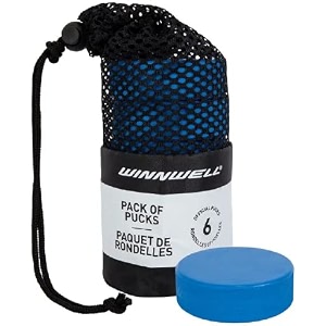 winnwell youth ice hockey pucks - kids lightweight blue 4oz training puck with mesh carrying bag great for stick handling amp training drills