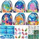 Winrayk 12 Sets Under the Sea Party Favors Ocean Birthday Supplies, Sea Animal Drawstring Bag Silicone Bracelet Glow Tattoo Sticker Keychain, Summer Kids Goodie Stuffers Ocean Themed Party Favors