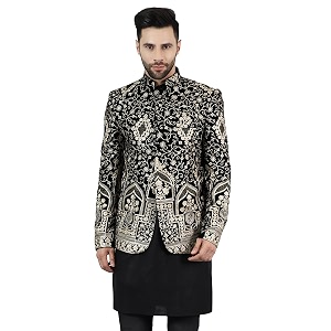 WINTAGE Mens Embroidered Velvet Bandhgala
