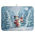 Winter Blue Snowman Dish Drying Mat Christmas Pine Tree Large Kitchen Mats Dish Drying Pad Xmas Absorbent Dish Dryer Mat for Kitchen Countertops Microfiber Drainer Pad Dish Drying Mats (18x24 in)