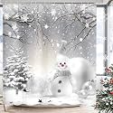 Winter Christmas Shower Curtain for Bathroom, Snowman Snowflake Scene Bath Curtains, Pine Tree Covered Snow Fabric Holiday Decor Bath Accessories Set, 60X72in