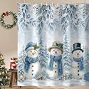 Winter Christmas Shower Curtain, Cute Snowman Snowflake Scene Grey Blue Winter Snow Forest Holiday Bath Curtain, Pine Tree Covered Fabric Decor Bathroom Accessories Set, 72X72in