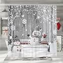 Winter Christmas Shower Curtain, Cute Snowman Snowflake Scene Holiday Decor Bath Curtain for Bathroom, Farmhouse Xmas Covered Snow Fabric