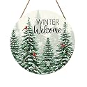 Winter Welcome Sign for Front Door Christmas Cardinal Bird Wood Door Hanger for Outdoor Outside Porch Snowflake Pine Trees Round Hanging Signs Holiday Decor for Home Wall Porch Yard 12"x12"