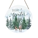 Winter Welcome Sign for Front Door Decor Farmhouse Winter Pine Trees Wood Door Hanger for Outdoor Outside Porch Rustic Hello Winter Round Hanging Sign for Home Front Porch Wall Decoration 12”x12”