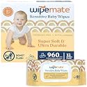 Wipemate EWG-Verified Premium Baby Wipes, 99% Water-Based, Plastic-Free, Ultra-Soft Plant-Based Wipe, Chlorine/Alcohol-Free, pH-Balanced, Hypoallergenic Cruelty-Free with Durable Flip-Top Lid 960-Ct