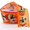 Wired Edge Ribbon Halloween Decorations - 2 1/2" x 10 Yards, Orange &amp; Black, Fall Party Decor, Jack O'Lantern, Witch's Hat, Trick or Treat, Spider Webs, Candy Pail, Swag, Garland, Wreath