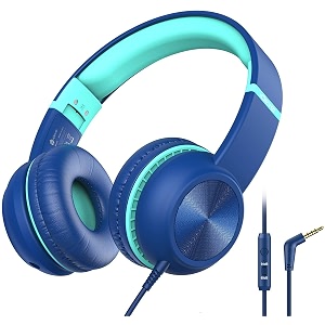 wired headphones with mic - iclever kids headphones foldable stereo tangle-free 35mm jack wired cord over-ear headset for childrenteensboysgirlssmartphonesschoolkindleairplane travelplanetabletblue