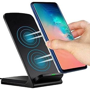 wireless charger 15w wireless charging stand premium fiber cloth build dual coils anti-slip grip 5mm transmission range smart ic protection led indicator black