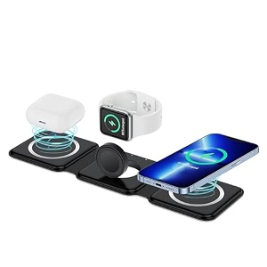 systene 3 in 1 magnetic foldable wireless charger compatible for iphone 1615141312 series  compatible with air-pods 23pro amp iwatch 10-1 series  23w fast charging  mag-safe compatible  black