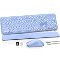 Wireless Keyboard and Mouse Combo, Backlit Round Keycaps, Retro Typewriter Keyboard with Detachable Wrist Rest, Rechargeable &amp; Tilt Legs, 2.4GHz Cordless Connection for Windows/PC (Glowing Purple)