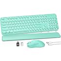 Wireless Keyboard and Mouse Combo, Backlit Round Keycaps, Retro Typewriter Keyboard with Detachable Wrist Rest, Rechargeable &amp; Tilt Legs, 2.4GHz Cordless Connection for Windows/PC (Glowing Turquoise)