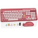 Wireless Keyboard and Mouse Combo, Retro Round Keycaps, Full-Size Stylish Typewriter Keyboard with Large Phone/Tablet Holder, 3-Level DPI Ergonomic Mouse, 2.4GHz Cordless for Windows PC, Rose Pink
