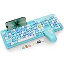 Wireless Keyboard and Mouse Combo, Retro Round Keycaps, Full-Size Cute Typewriter Keyboard with Large Phone/Tablet Holder, Auto-Sleep, 2.4GHz Cordless for Windows/PC/Laptop, Trueque CK13 (Sky Blue)