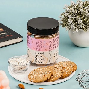 the wise baker39s almond honey oatmeal handmade cookies combo  buy almond oatmeal cookies combo of 2 get 1 dark chocolate biscotti jar free  teacoffee healthy gourmet biscuits  200g200g 30 cookies 150g 20 biscottis
