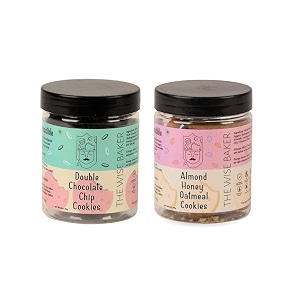 the wise baker39s handmade almond honey oatmeal cookies amp double chocolate chip cookies tea snack fresh crunchy healthy amp tasty cookies combo  pack of 2 x 200g  30 cookies