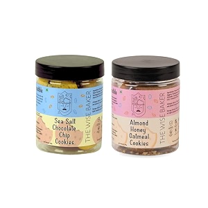 the wise baker39s handmade almond honey oatmeal cookies amp sea salt chocolate chip cookies tea snack fresh crunchy healthy amp tasty cookies combo  pack of 2 x 200g  40 cookies