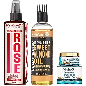 wishcare collagen boosting - advance repair night creamamppure cold pressed sweet almond oil and glowing skin amp face - 200mlampwishcare rose water